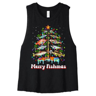 Merry Fishmas Christmas Tree Funny Fish Fishing Fisherman Women's Racerback Cropped Tank