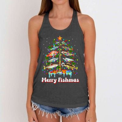 Merry Fishmas Christmas Tree Funny Fish Fishing Fisherman Women's Knotted Racerback Tank