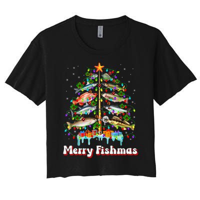 Merry Fishmas Christmas Tree Funny Fish Fishing Fisherman Women's Crop Top Tee