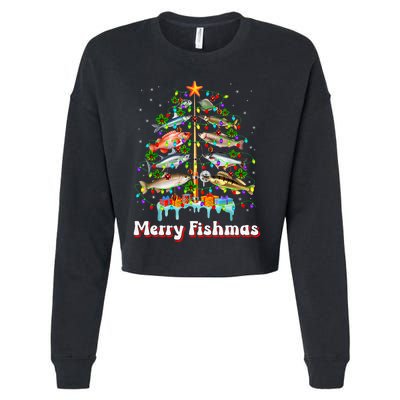 Merry Fishmas Christmas Tree Funny Fish Fishing Fisherman Cropped Pullover Crew