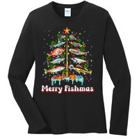 Merry Fishmas Christmas Tree Funny Fish Fishing Fisherman Ladies Long Sleeve Shirt