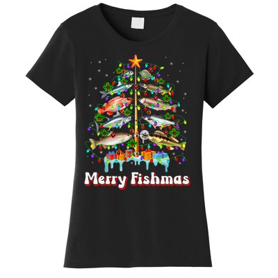 Merry Fishmas Christmas Tree Funny Fish Fishing Fisherman Women's T-Shirt