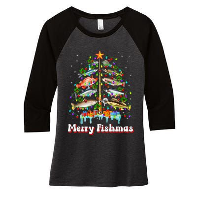 Merry Fishmas Christmas Tree Funny Fish Fishing Fisherman Women's Tri-Blend 3/4-Sleeve Raglan Shirt