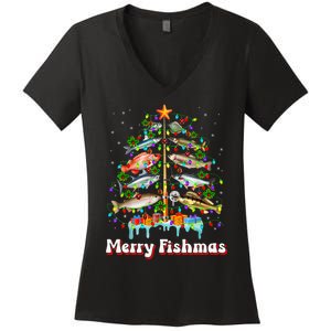 Merry Fishmas Christmas Tree Funny Fish Fishing Fisherman Women's V-Neck T-Shirt