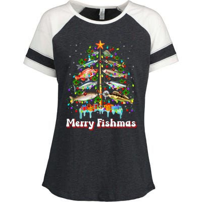 Merry Fishmas Christmas Tree Funny Fish Fishing Fisherman Enza Ladies Jersey Colorblock Tee