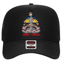 Merry Fishmas Christmas Tree Funny Fishing Lovers Party High Crown Mesh Back Trucker Hat