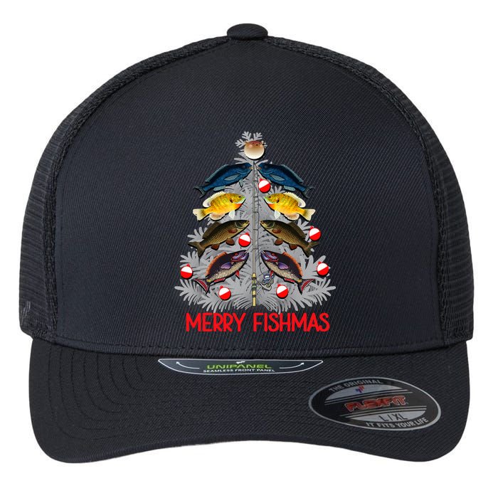 Merry Fishmas Christmas Tree Funny Fishing Lovers Party Flexfit Unipanel Trucker Cap