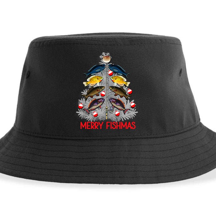 Merry Fishmas Christmas Tree Funny Fishing Lovers Party Sustainable Bucket Hat