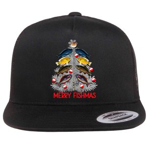 Merry Fishmas Christmas Tree Funny Fishing Lovers Party Flat Bill Trucker Hat