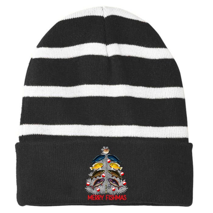 Merry Fishmas Christmas Tree Funny Fishing Lovers Party Striped Beanie with Solid Band