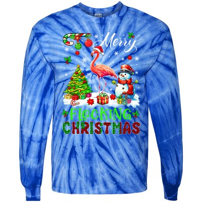 Merry Flocking Christmas Santa Flamingo Xmas Symbols Snow Gift Tie-Dye Long Sleeve Shirt