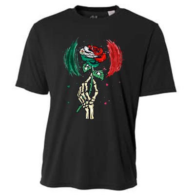 Mexico Flag Color Rose Flower Skeleton Hand Mexican Country Cooling Performance Crew T-Shirt