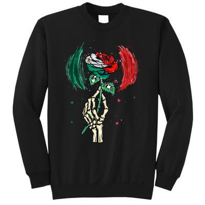 Mexico Flag Color Rose Flower Skeleton Hand Mexican Country Sweatshirt