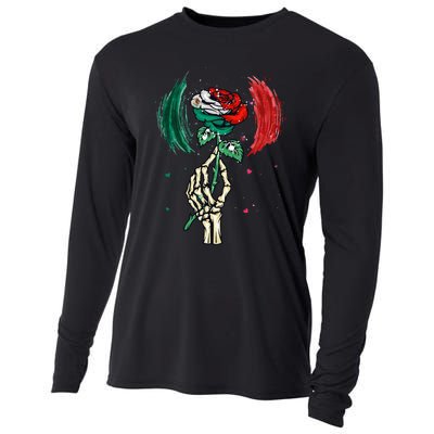 Mexico Flag Color Rose Flower Skeleton Hand Mexican Country Cooling Performance Long Sleeve Crew