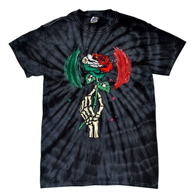 Mexico Flag Color Rose Flower Skeleton Hand Mexican Country Tie-Dye T-Shirt