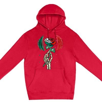 Mexico Flag Color Rose Flower Skeleton Hand Mexican Country Premium Pullover Hoodie