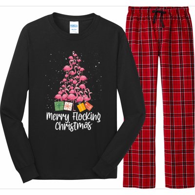 Merry Flocking Christmas Tree Flamingo Lover Wading Bird Great Gift Long Sleeve Pajama Set