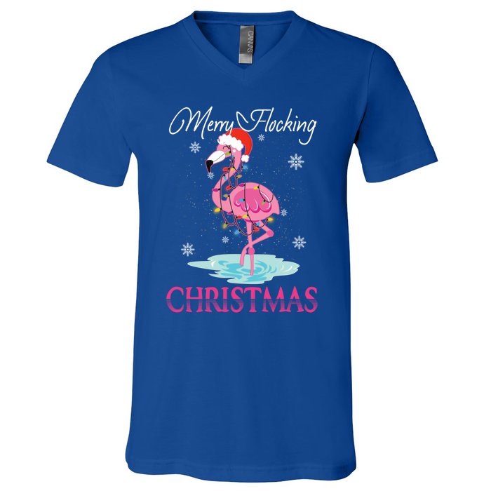 Merry Flocking Christmas Tropical Florida Flamingo Christmas Gift V-Neck T-Shirt