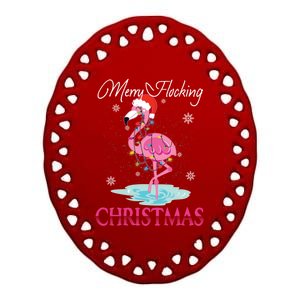 Merry Flocking Christmas Tropical Florida Flamingo Christmas Gift Ceramic Oval Ornament