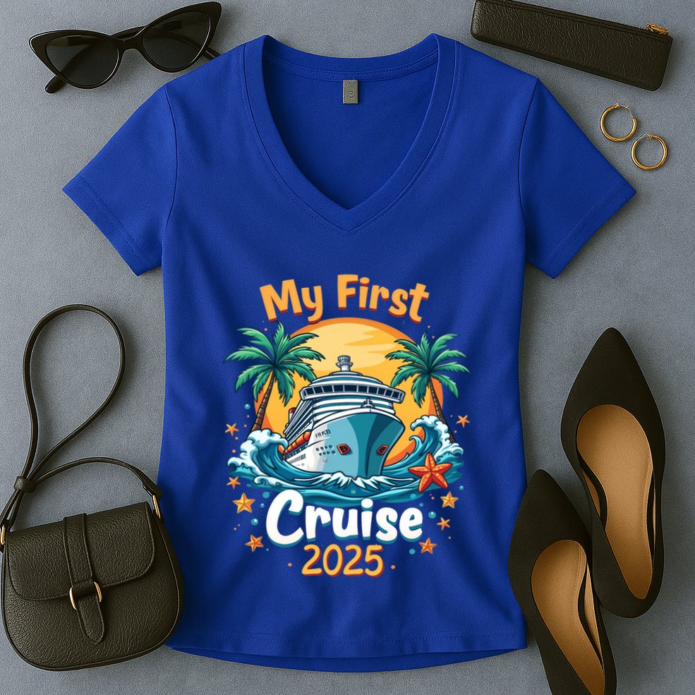 My First Cruise 2025 Family Vacation Group Cruising Funny Gift Women's V-Neck T-Shirt