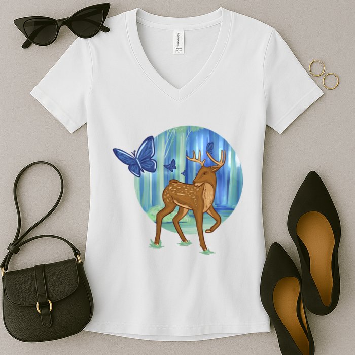 Magic Forest Deer Women's V-Neck T-Shirt