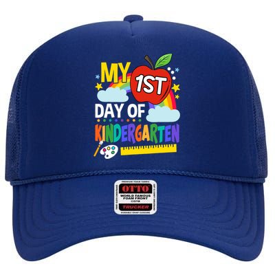 My First Day Of Kindergarten Funny Colorful Rainbow High Crown Mesh Back Trucker Hat