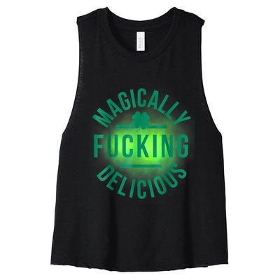 Magically Fucking Delicious Funny Shamrock St. Patrick's Day Women's Racerback Cropped Tank