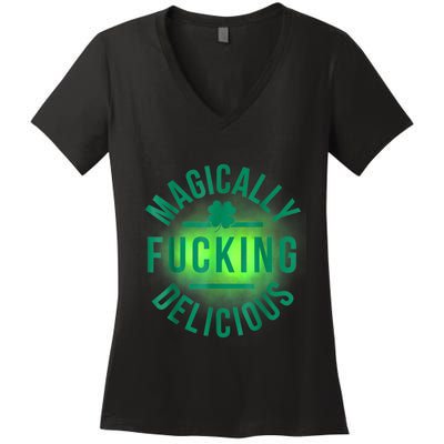 Magically Fucking Delicious Funny Shamrock St. Patrick's Day Women's V-Neck T-Shirt