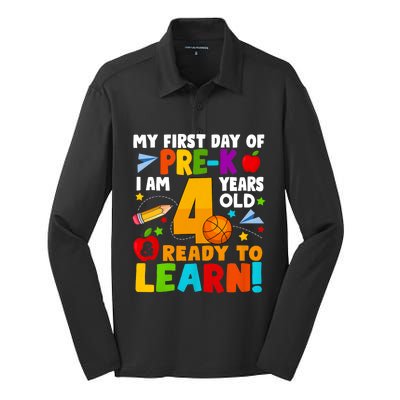 My First Day Of Pre K I Am 4 Years Old First Day Of School Silk Touch Performance Long Sleeve Polo