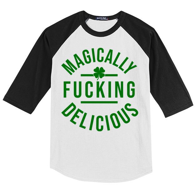 Magically Fucking Delicious St Patrick's Day Funny Kids Colorblock Raglan Jersey