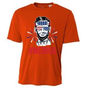 Merica Fireworks Director Lincoln Funny Gift Cooling Performance Crew T-Shirt