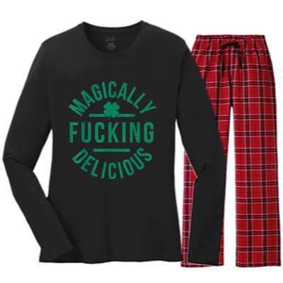 Magically Fucking Delicious Funny Shamrock St. Patrick's Day Women's Long Sleeve Flannel Pajama Set 