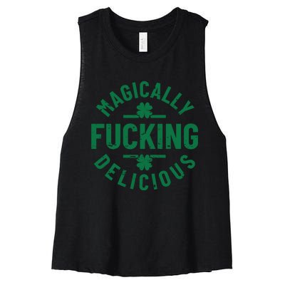 Magically Fucking Delicious, St Patricks Day Funny Drinking Women's Racerback Cropped Tank