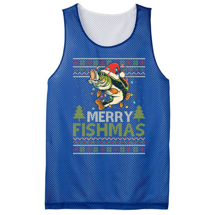 Merry Fishmas Fishing Ugly Christmas Large Mouth Bass Cool Gift Mesh Reversible Basketball Jersey Tank