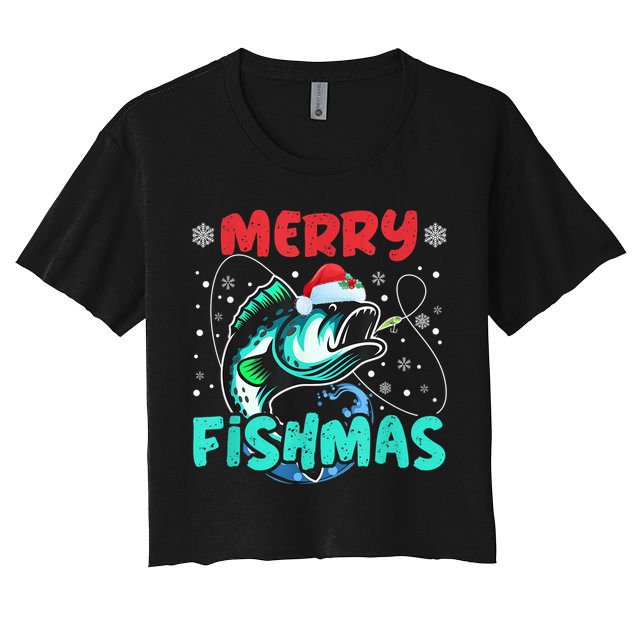 Merry Fishmas Funny Christmas Fishing Fish Gift Xmas Women's Crop Top Tee