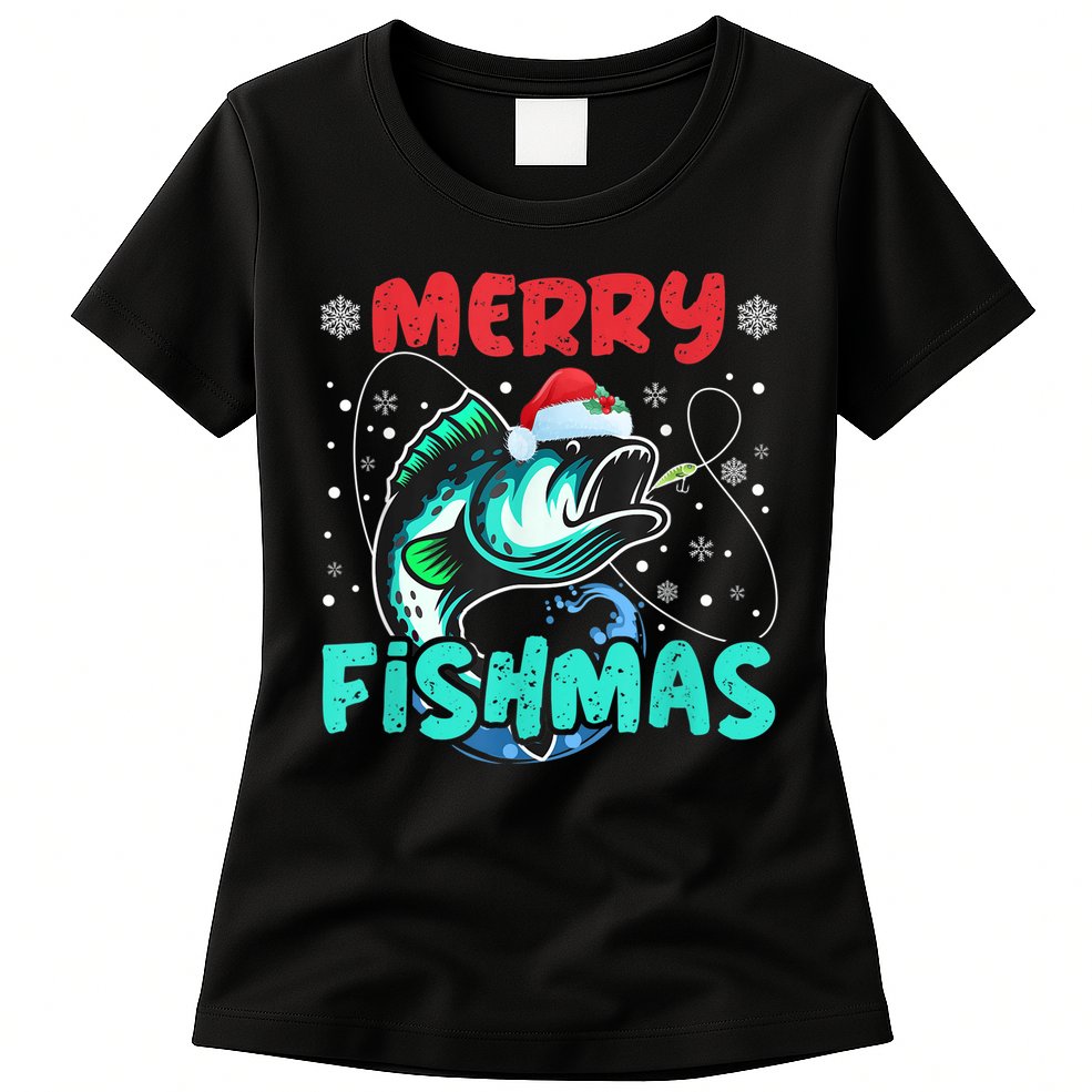 Merry Fishmas Funny Christmas Fishing Fish Gift Xmas Womens T-Shirt