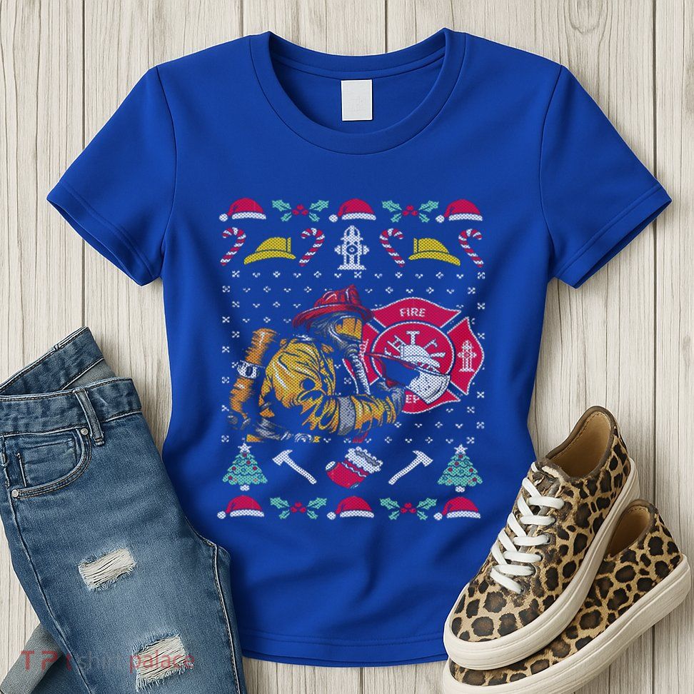 Merry Firefighter Fire Ugly Christmas Meaningful Gift Womens T-Shirt