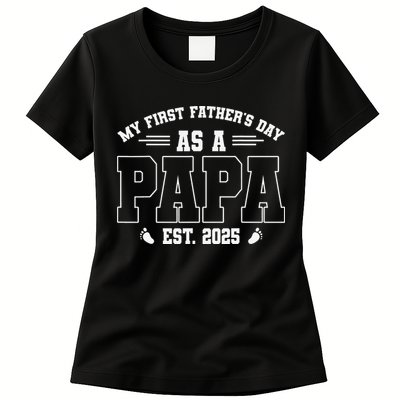 My First Fathers Day As A Papi EST 2025 Expecting New Dad Womens T-Shirt