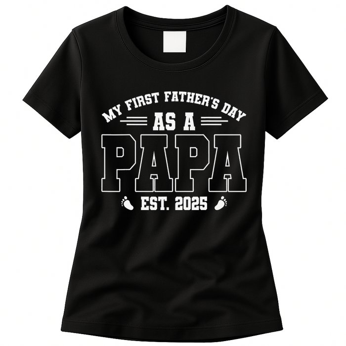 My First Fathers Day As A Papi EST 2025 Expecting New Dad Womens T-Shirt