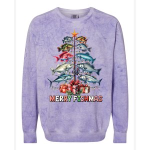 Merry Fishmas Funny Christmas Tree Lights Fishing Rod Fish Colorblast Crewneck Sweatshirt