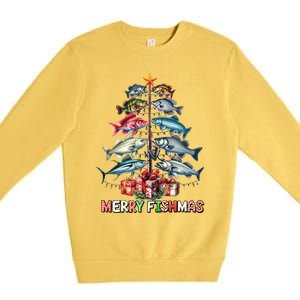 Merry Fishmas Funny Christmas Tree Lights Fishing Rod Fish Premium Crewneck Sweatshirt