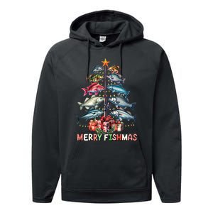 Merry Fishmas Funny Christmas Tree Lights Fishing Rod Fish Performance Fleece Hoodie