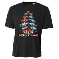 Merry Fishmas Funny Christmas Tree Lights Fishing Rod Fish Cooling Performance Crew T-Shirt