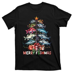 Merry Fishmas Funny Christmas Tree Lights Fishing Rod Fish T-Shirt