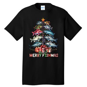 Merry Fishmas Funny Christmas Tree Lights Fishing Rod Fish Tall T-Shirt