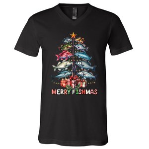 Merry Fishmas Funny Christmas Tree Lights Fishing Rod Fish V-Neck T-Shirt