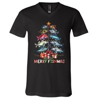 Merry Fishmas Funny Christmas Tree Lights Fishing Rod Fish V-Neck T-Shirt