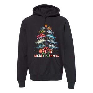 Merry Fishmas Funny Christmas Tree Lights Fishing Rod Fish Premium Hoodie