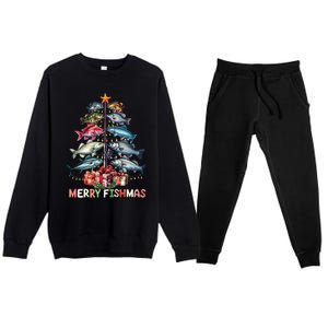 Merry Fishmas Funny Christmas Tree Lights Fishing Rod Fish Premium Crewneck Sweatsuit Set