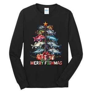 Merry Fishmas Funny Christmas Tree Lights Fishing Rod Fish Tall Long Sleeve T-Shirt